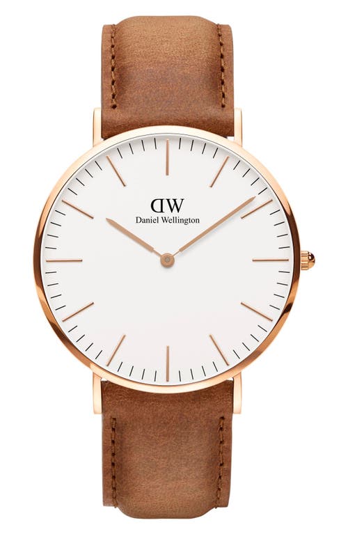 Daniel Wellington Classic Durham Leather Strap Watch, 40mm in Brown/Eggshell/Rose Gold 