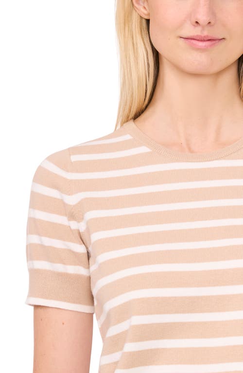 Shop Cece Stripe Short Sleeve Cotton Sweater In Oxford Beige