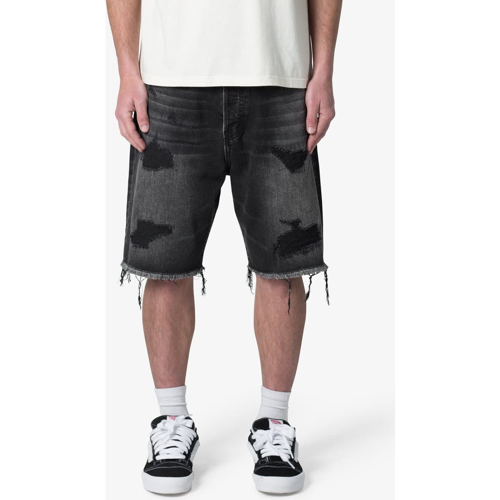 Mnml Elongated Ripped Denim Shorts In Washed Black