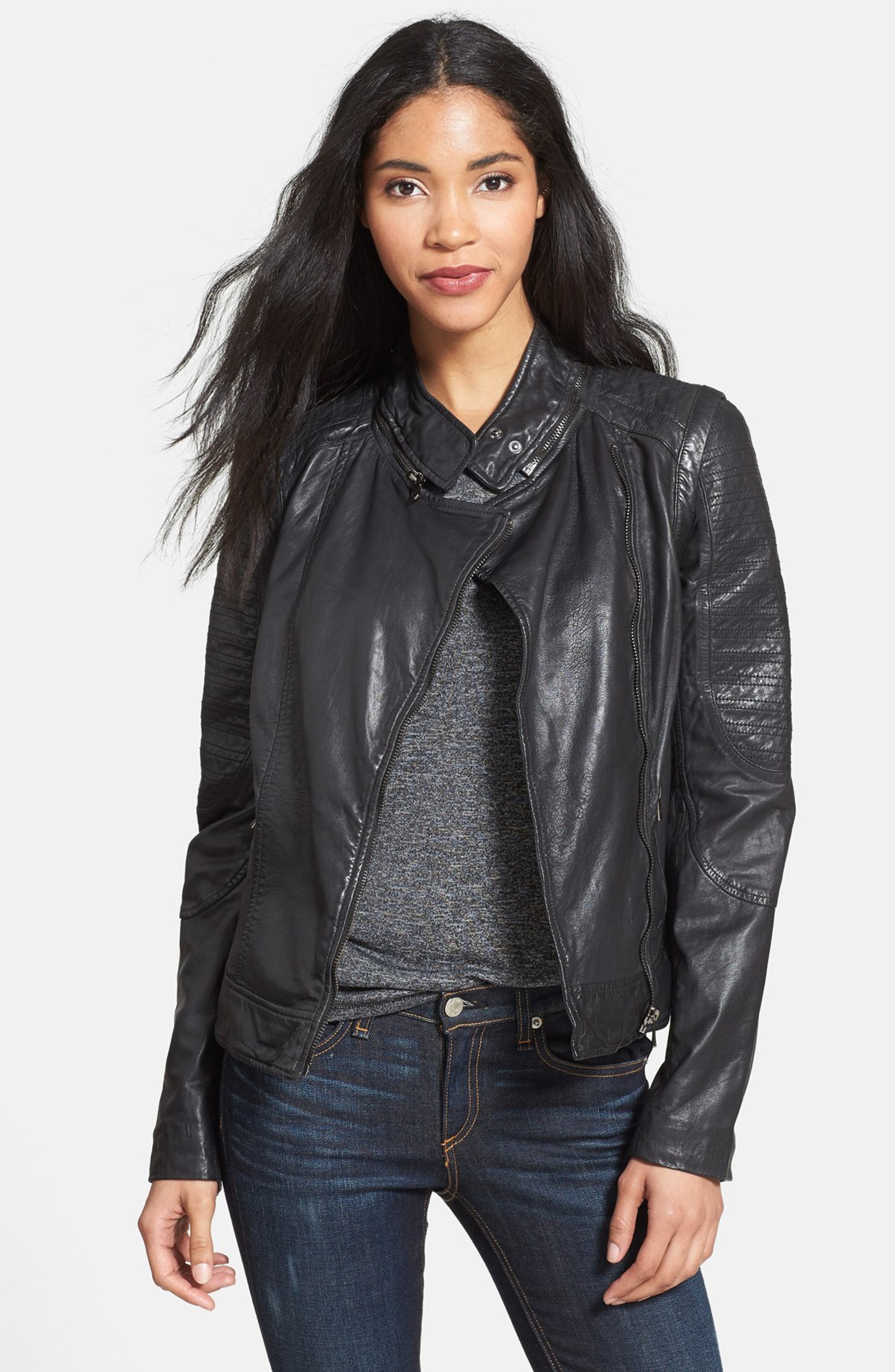 Bod & Christensen Zip-Off Sleeve Leather Biker Jacket | Nordstrom