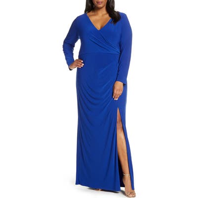 Plus Size Vince Camuto Long Sleeve Ruched Knit Gown, Blue