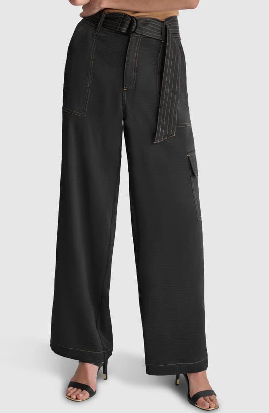 Shop Dkny Contrast Stitch Belted Cargo Wide Leg Pants In Black