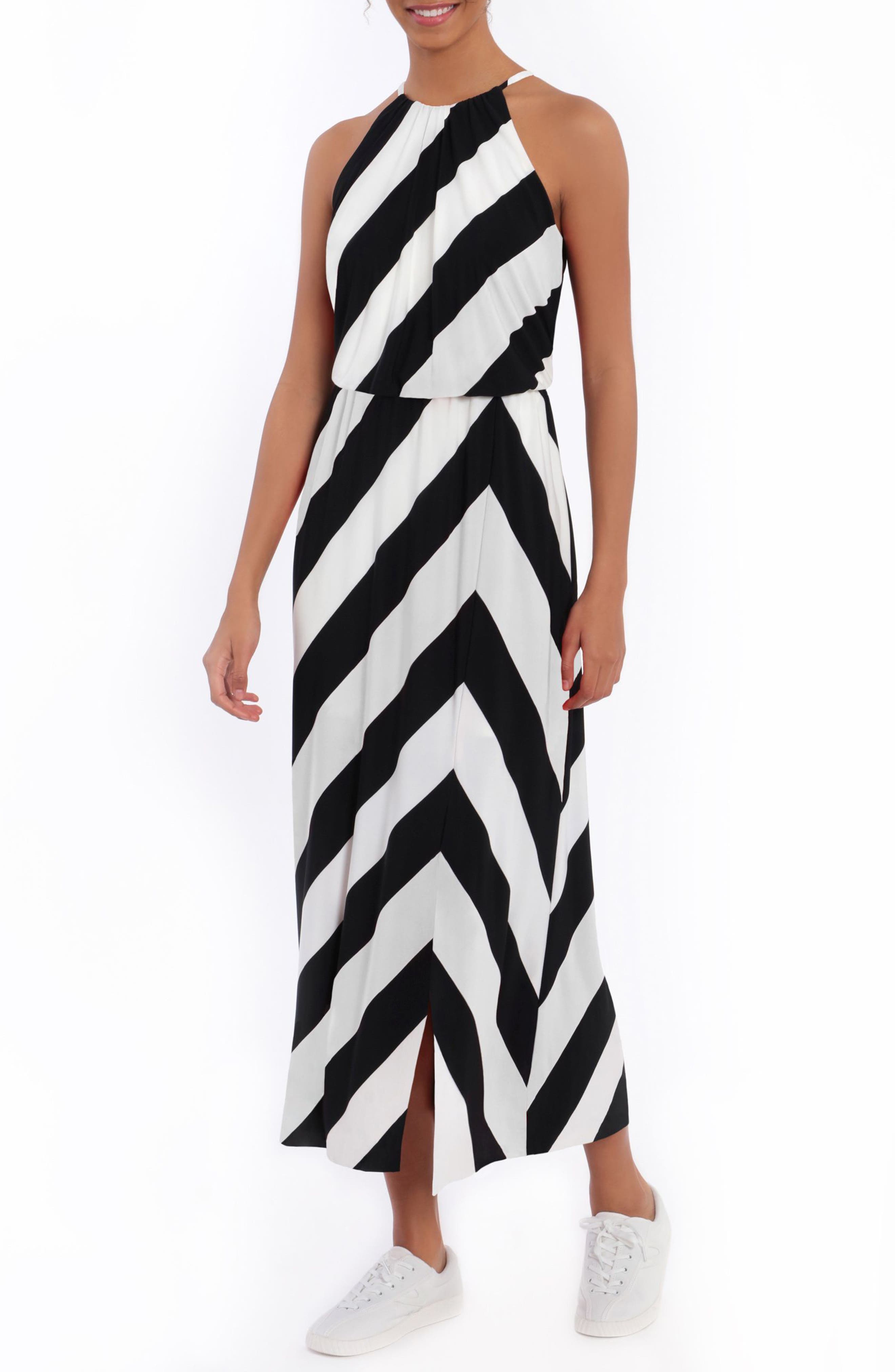 London Times Striped Blouson Halter Maxi Dress In Soft White/ Coral | ModeSens London Times Striped Blouson Halter Maxi Dress In Soft White/ Coral | ModeSens