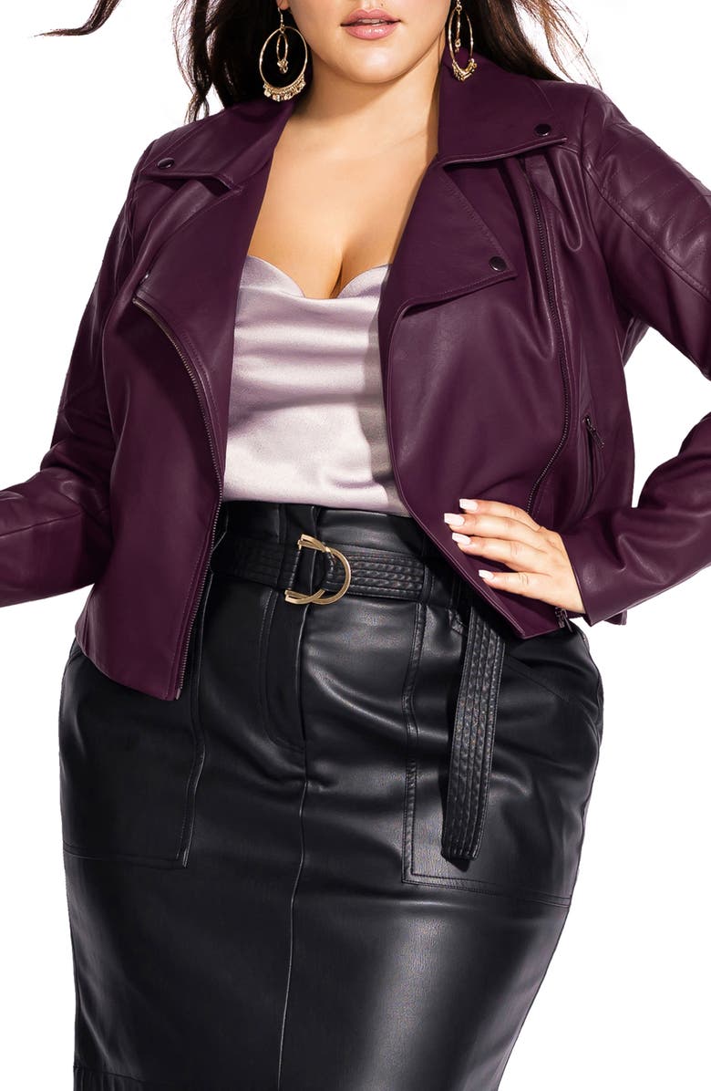 CITY CHIC Faux Leather Biker Jacket, Main, color, CABERNET
