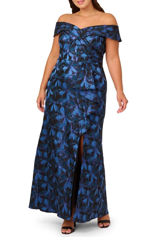 Shop Adrianna Papell Metallic Floral Jacquard Off The Shoulder Gown In Blue Multi