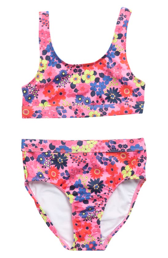 Melrose And Market Kids' Banded High Waist Two-piece Swimsuit In Pink Crayon Flat Floral