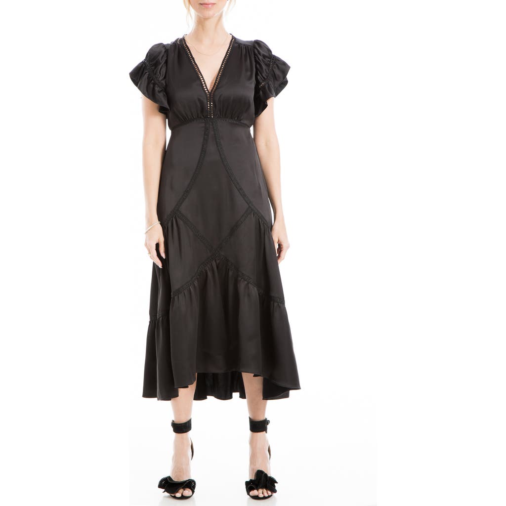 Max Studio Flutter Sleeve Satin Midi Dress In Black-black