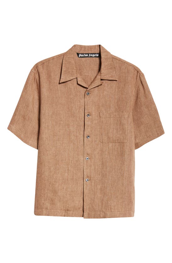Shop Palm Angels Linen Button-up Bowling Shirt In Light Brown Black