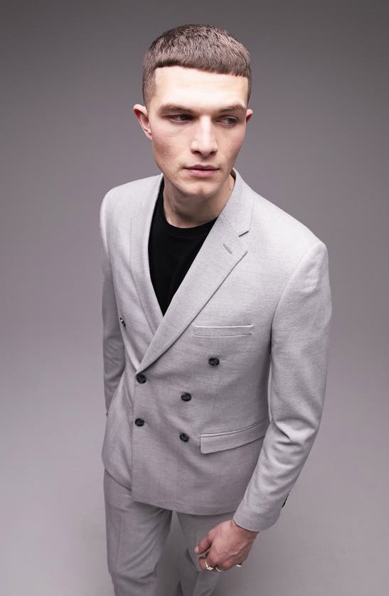 Topman Skinny Fit Herringbone Double Breasted Suit Jacket In Grey