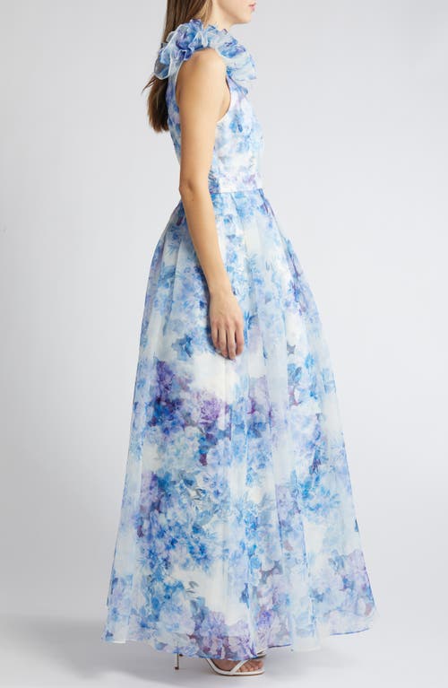 Shop Julia Jordan Ruffle Floral Gown In Ivory/blue