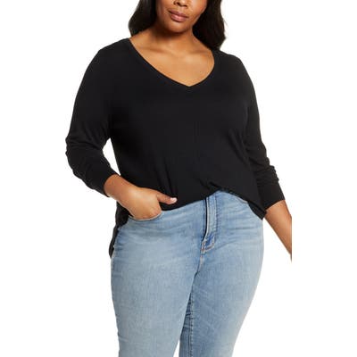 Plus Size Caslon Marled V-Neck Sweater, Black