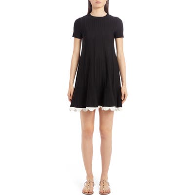 Valentino Scalloped Hem Pointelle Rib Sweater Dress, Black