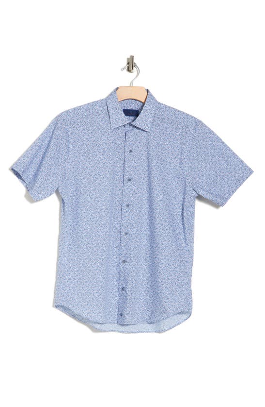 David Donahue Print Cotton Short Sleeve Button-up Shirt In Blue/ Berry