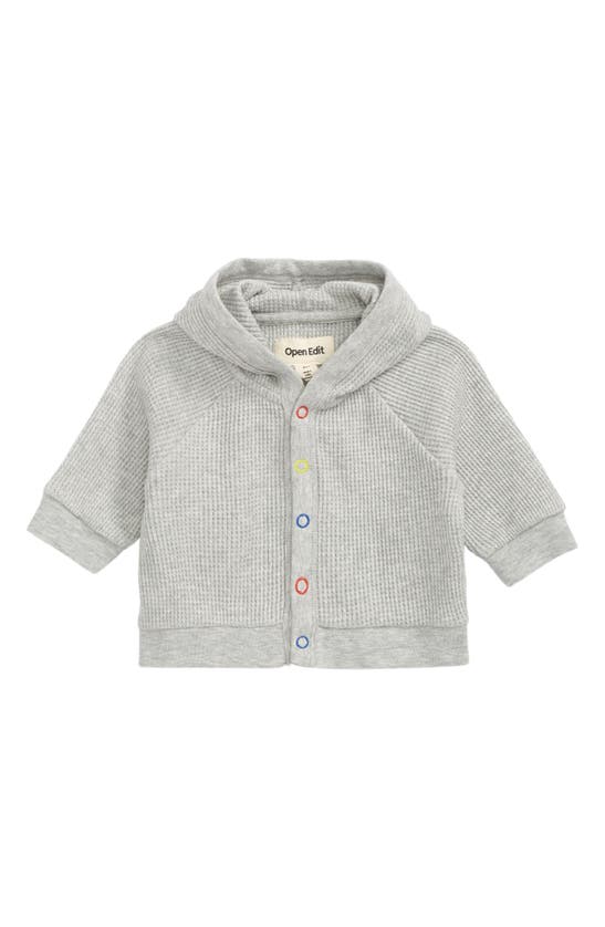 Open Edit Babies' Thermal Knit Snap-up Cotton Hoodie In Grey Light Heather