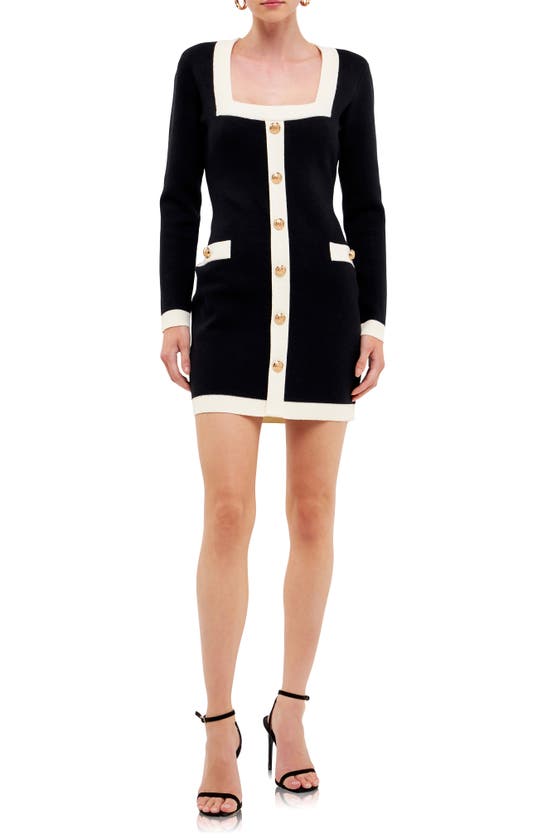 Endless Rose Contrast Trim Long Sleeve Knit Minidress In Black/ Cream