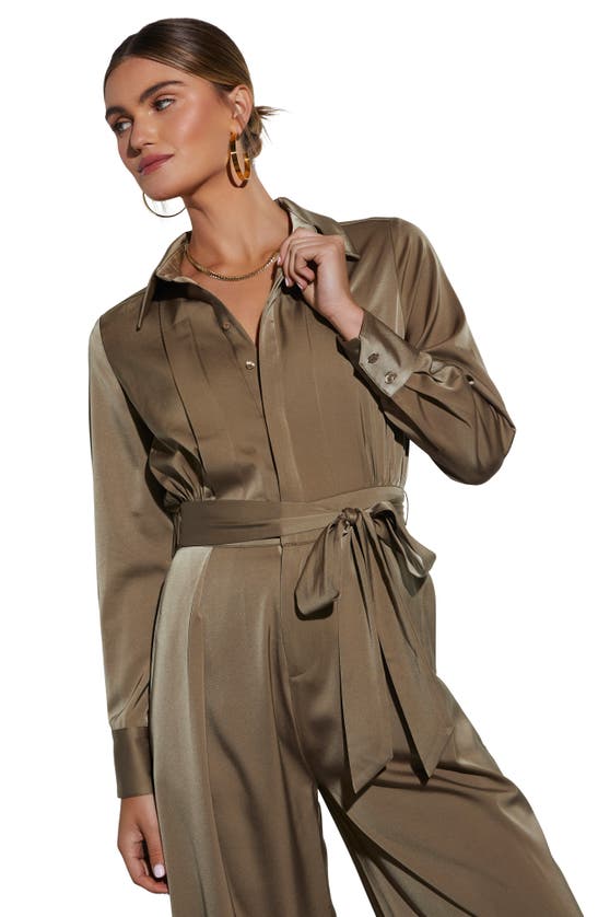 Shop Vici Collection Pull It Together Satin Jumpsuit In Dark Sage
