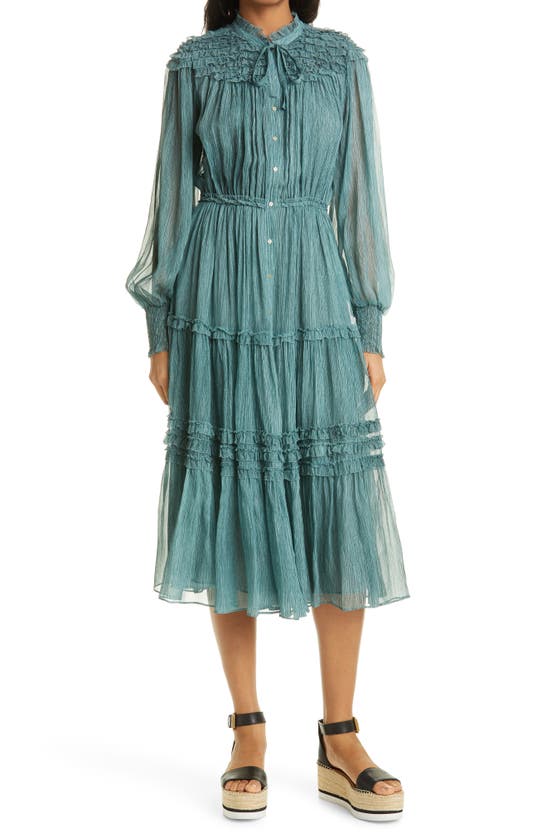 ULLA JOHNSON BRIELLE LONG SLEEVE RUFFLE SILK CHIFFON MIDI DRESS