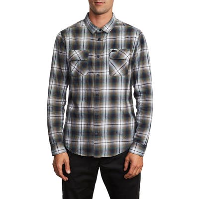 Rvca Hostile Plaid Button-Up Flannel Shirt, Green