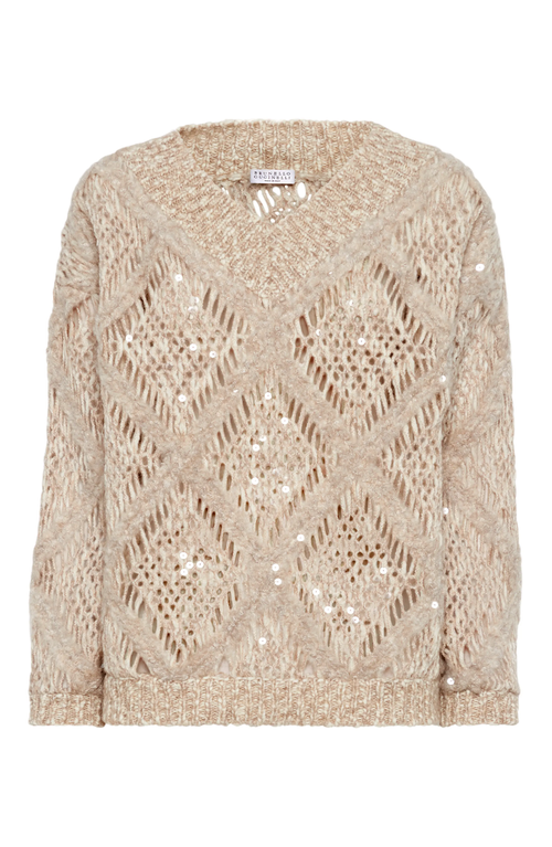 Shop Brunello Cucinelli Wool And Alpaca Sweater With Dazzling Macro Argyle Embroidery In Beige