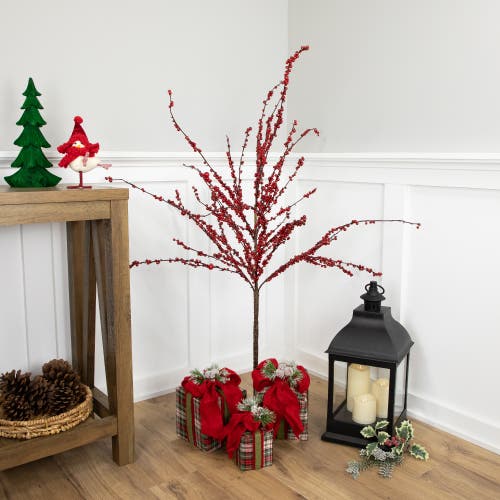 Northlight 50" Artificial Red Berry Christmas Twig Tree With Square Stand, Unlit In Red
