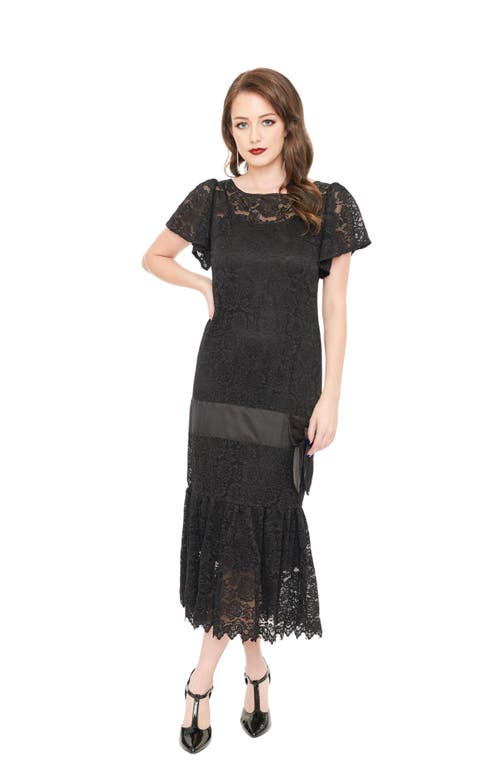 Unique Vintage 1920s Flutter Sleeve Flapper In Black Floral Lace