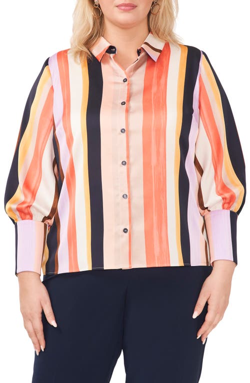 halogen(r) Stripe Button-Up Shirt in Sunset Stripe Orange