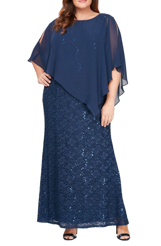 Slny Sequin Floral Lace Dress With Capelet In New Navy