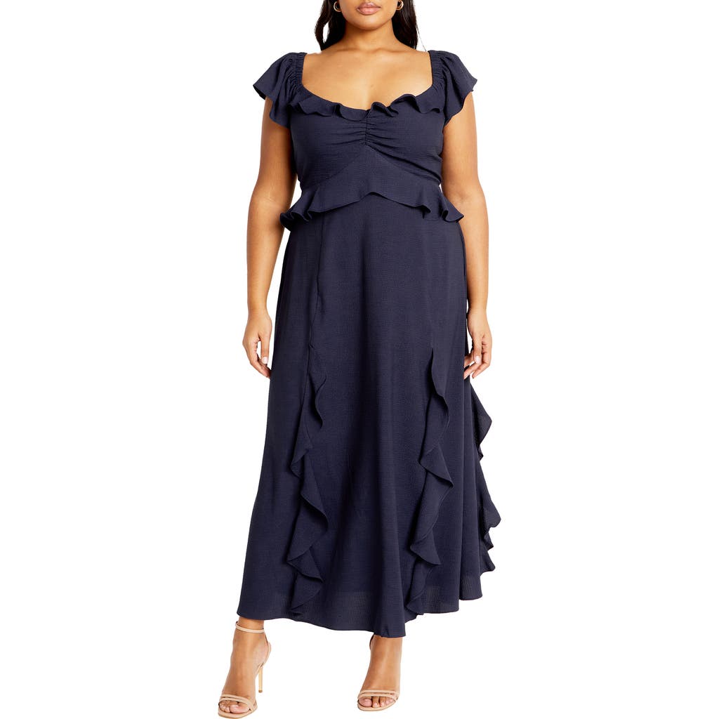 City Chic Frill Ruffle Maxi Dress In Navy