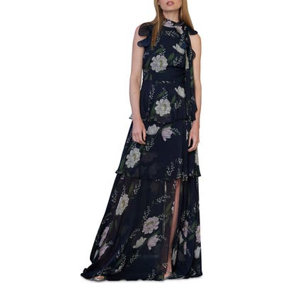 Ml Monique Lhuillier Ruffle Tiered Floral Print Gown, Blue