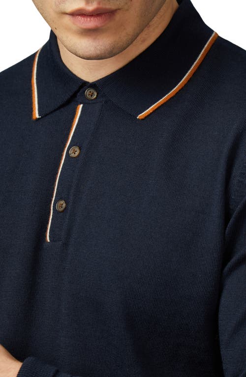 Ben Sherman Tipped Long Sleeve Polo Sweater In Dark Navy