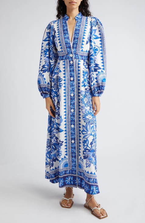 Flora Tapestry Long Sleeve Linen Blend Shirtdress