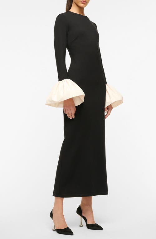 Shop Staud Hawthorne Contrast Ruffle Long Sleeve Sheath Gown In Black/ivory