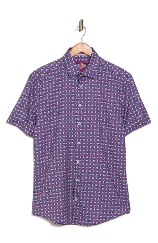 Soul Of London Medallion Print Short Sleeve Performance Button-up Shirt In Purple