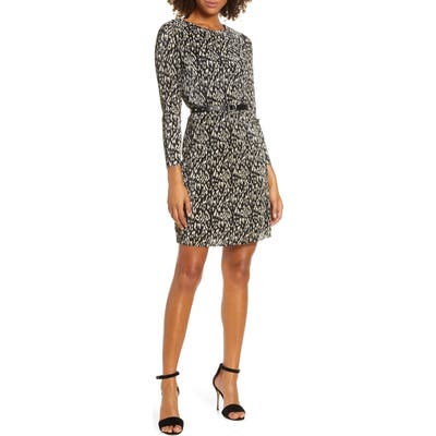 Sam Edelman Leopard Print Micropleat Belted Long Sleeve Dress, Black