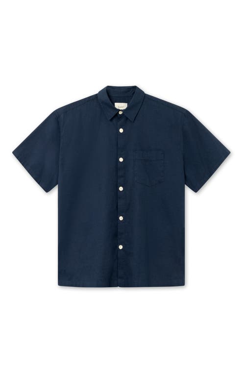 FORET Serene Cotton & Linen Short Sleeve Button-Up Shirt Navy at Nordstrom,