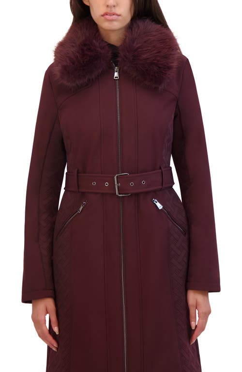 Kenneth Cole New York Belted Softshell Longline Coat With Faux Fur Trim In Burgundy