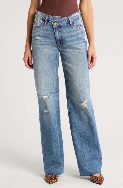 HIDDEN JEANS Raw Hem Crossover Waist Ankle Wide Leg Jeans in Medium Wash 