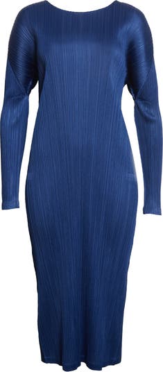 Issey Miyake Pleated Long Sleeve Midi Dress Blue