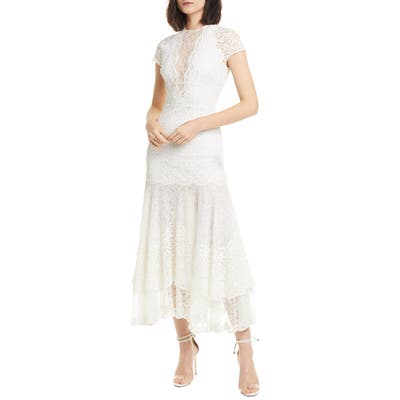 Jonathan Simkhai Tiered Mixed Lace Midi Dress, White