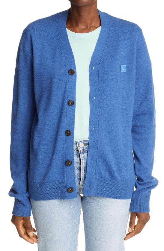 Acne Studios Keve Face Patch Wool Cardigan In Dusty Blue