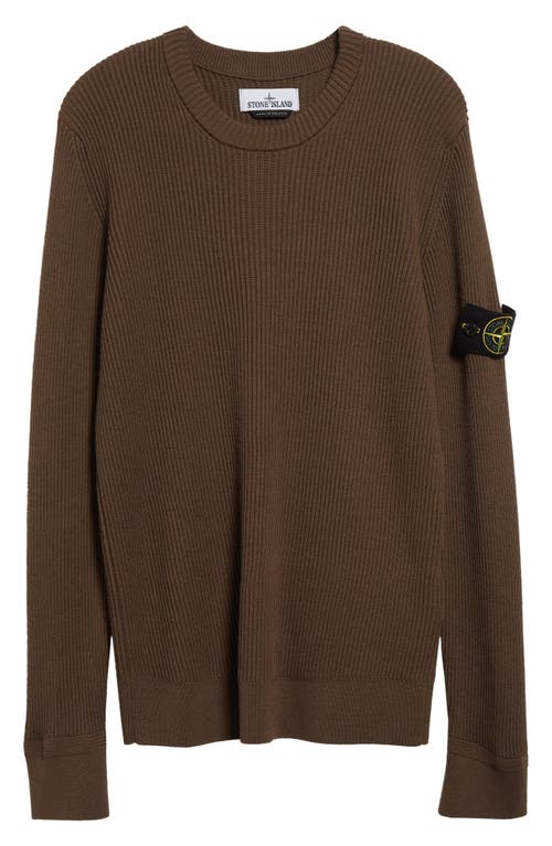 Stone Island Compass Logo Virgin Wool Rib Crewneck Sweater In Walnut