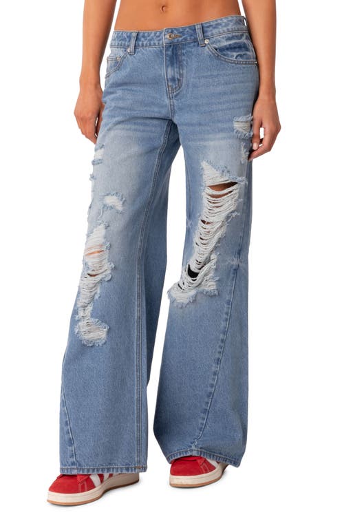 EDIKTED Distressed Wide Leg Jeans Blue at Nordstrom,