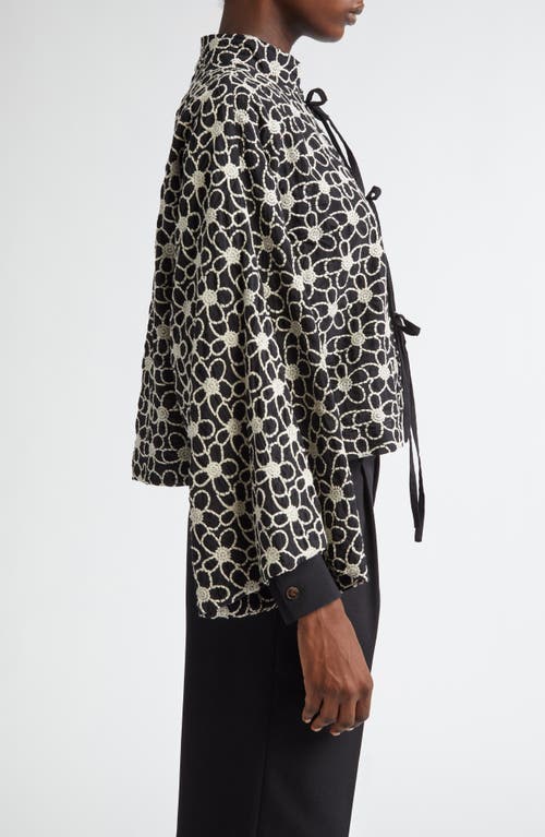 La Vie Style House Flower Embroidered Tie Front Crop Jacket In Cream/ Black