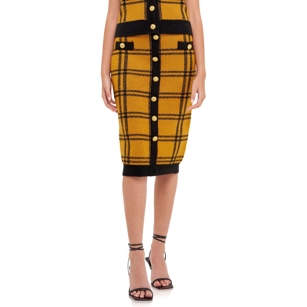 English Factory Plaid Double Knit Midi Pencil Skirt In Yellow/black
