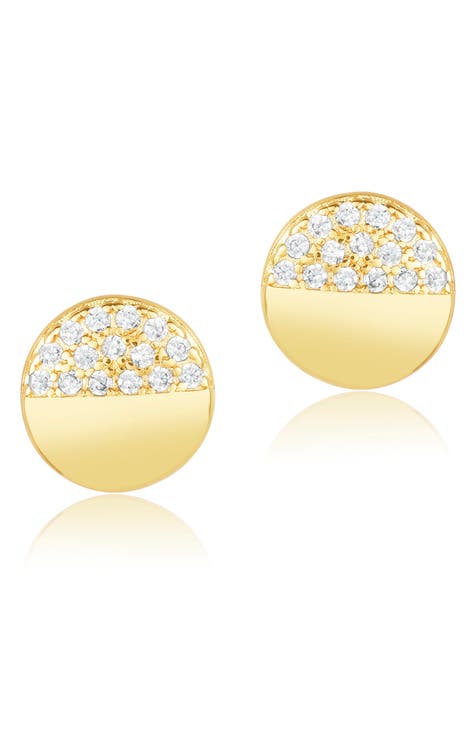 14K Gold Plated Pave Half Disc Stud Earrings