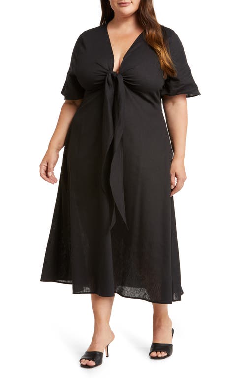Fiorella Tie Front Linen Blend Midi Dress in Black