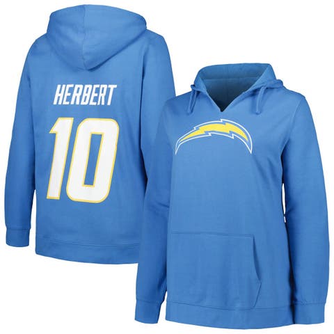 Women's Profile Justin Herbert Powder Blue Los Angeles Chargers Plus Size Player Name & Number Pullover Hoodie