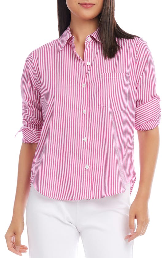 Karen Kane Stripe Ruched Sleeve Cotton Button-up Shirt In Pink Stripe