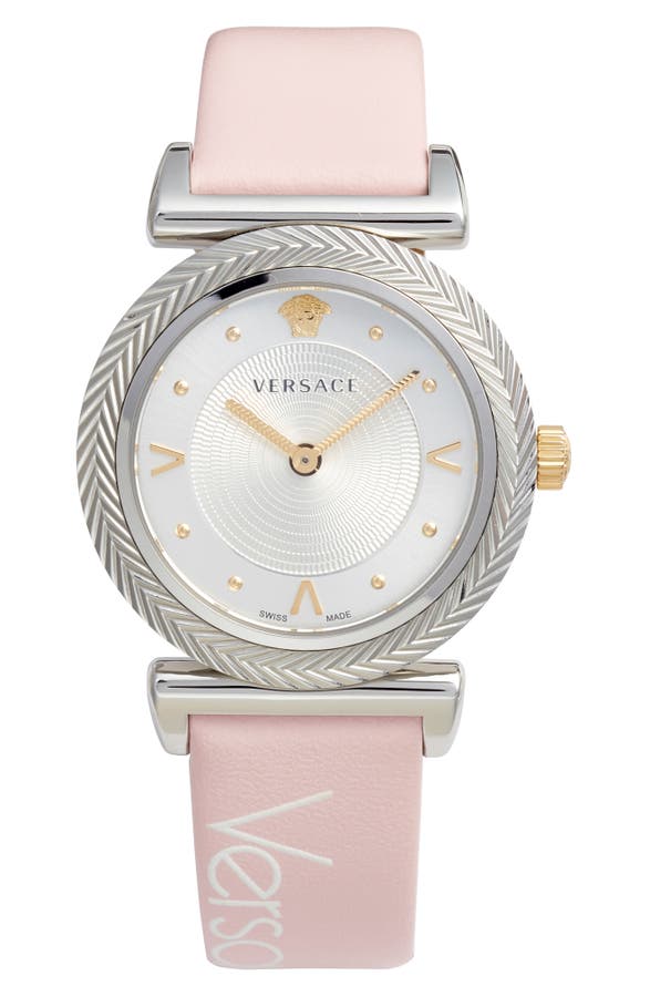 Versace V Motif Leather Strap Watch, 35mm In Pink/ White/ Silver