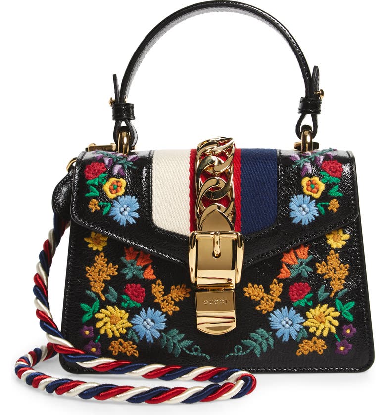 Gucci Mini Sylvie Flower Embroidery Leather Shoulder Bag | Nordstrom